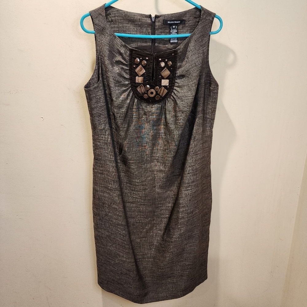 ELLEN TRACY Brown Metallic  Sleeveless Dress with Embellished Neckline Size 10